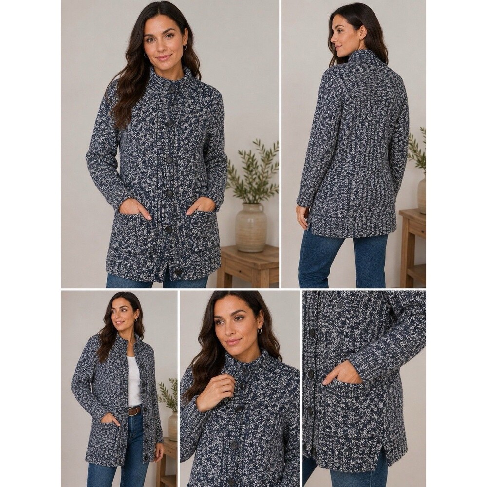 WoolOvers Pure Wool Aran Coatigan Women Medium Cable-Knit Long Blue Gray